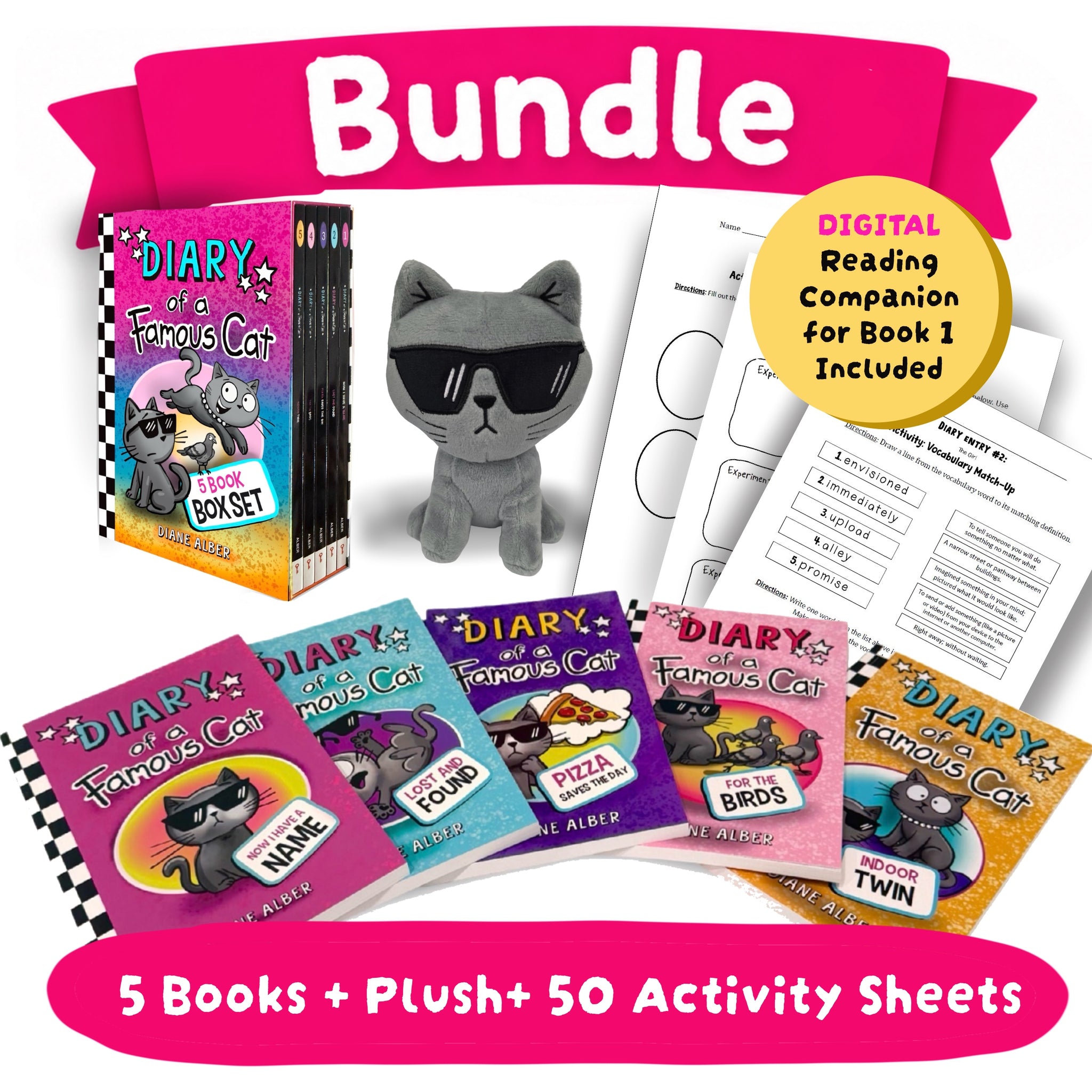 Bundle Plush + 5 Books Diary of a Famous Cat+ Activity Sheets