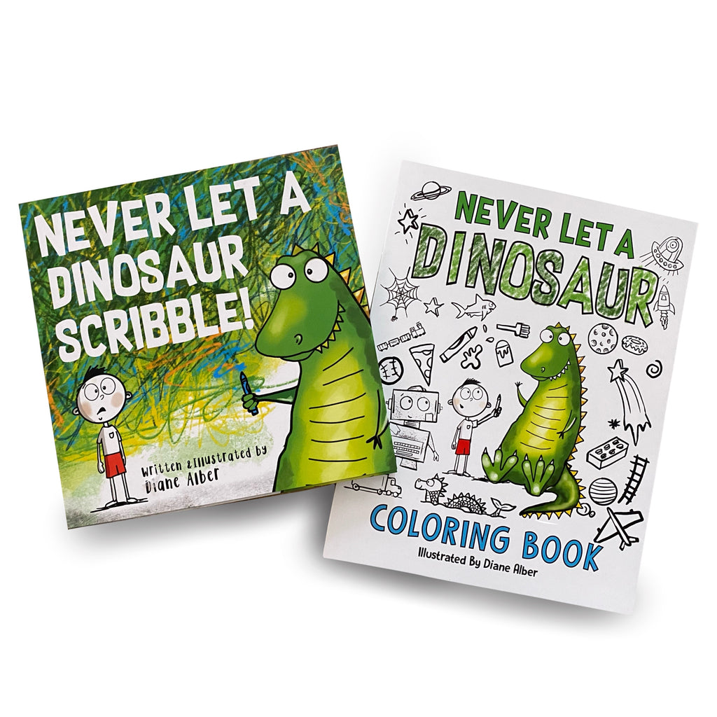 Never Let A Dinosaur Hardcover Book and Coloring Book bundle
